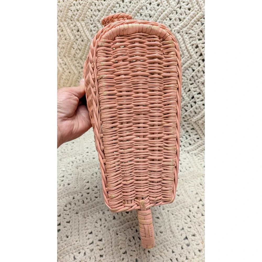 Vintage Pink Wicker Yarn Basket Scoop Shape Woven Storage with Handle